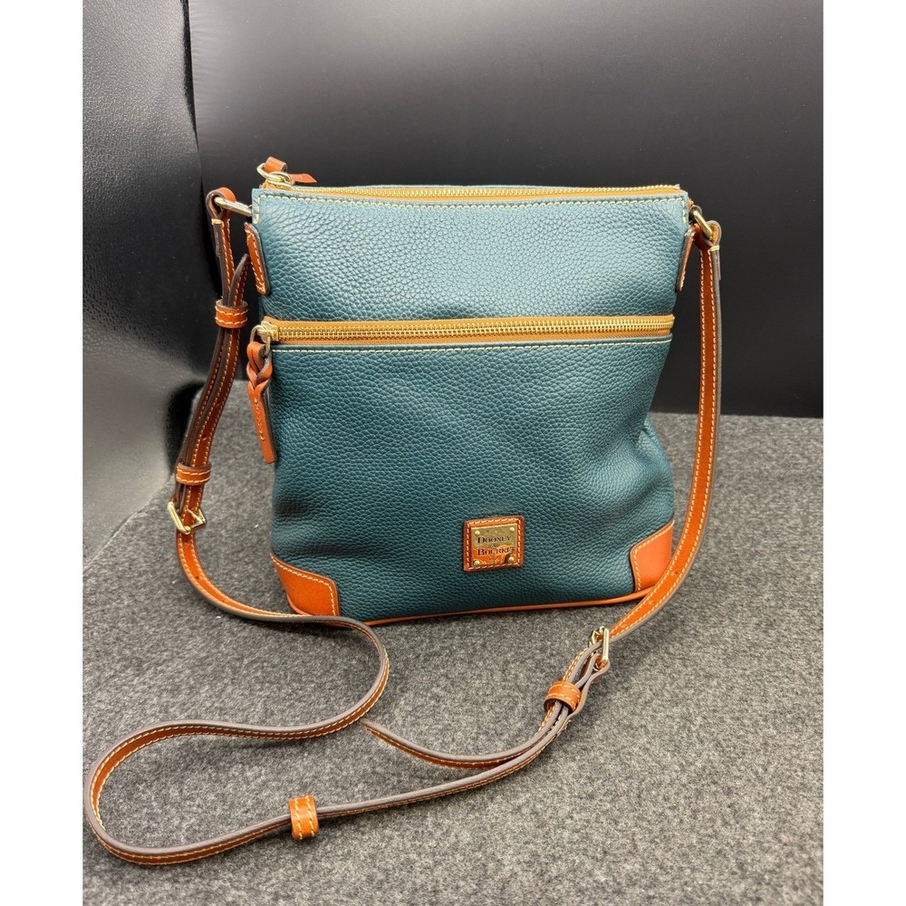 Dooney & Bourke Teal Pebbled Leather Crossbody Bag Brown Trim Gold Hardware